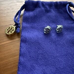 Tory Burch Logo Circle Stud Earrings Silver OS